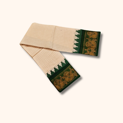 Off-White Checked Sungudi Cotton Saree with Bottle Green Peacock Zari Border