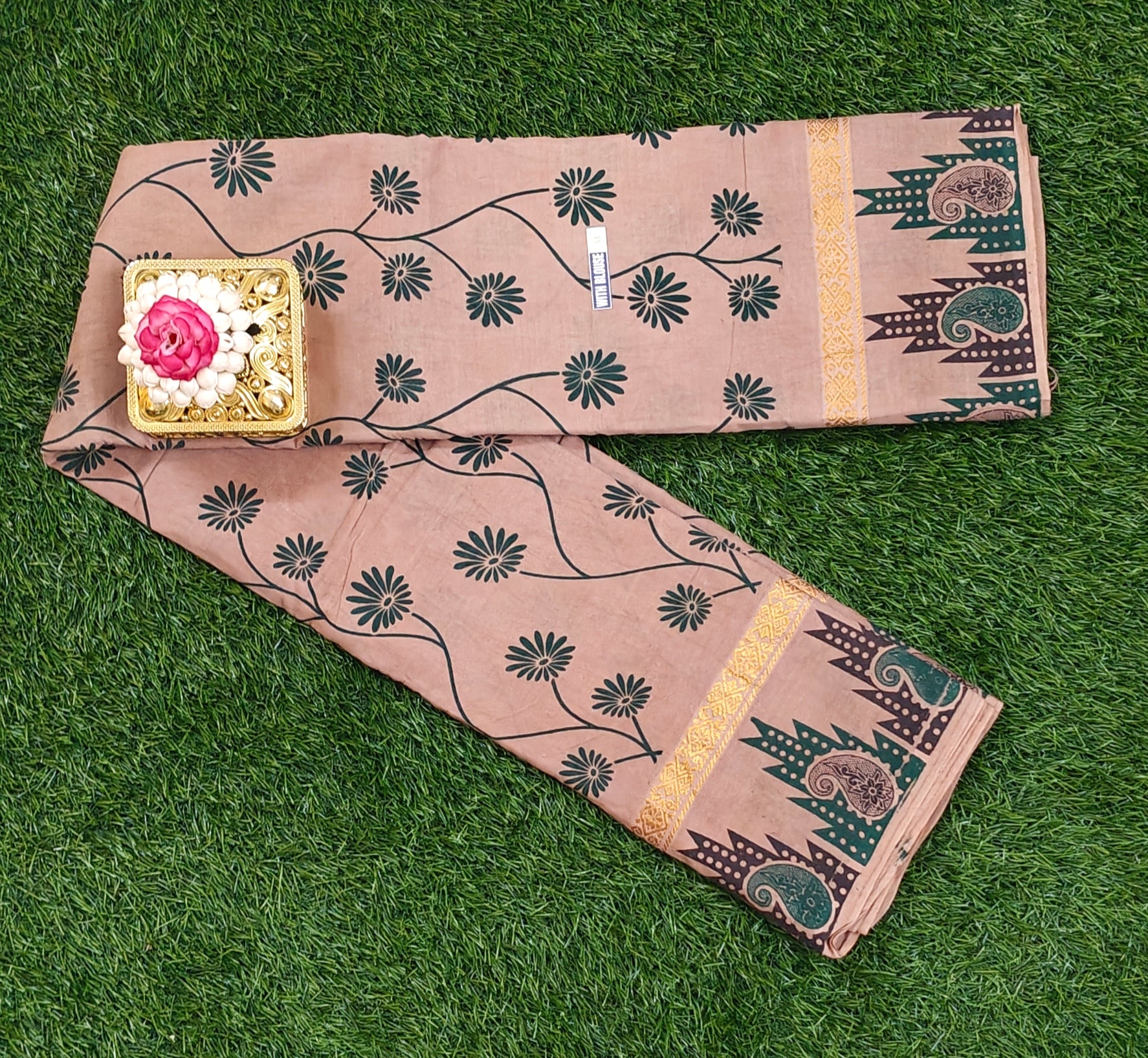 Beige Cotton Saree with Floral Vine Print & Contrast Border