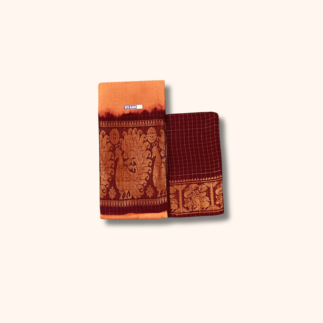 Orange & Maroon Pure Sungudi Cotton Saree with Traditional Zari Border