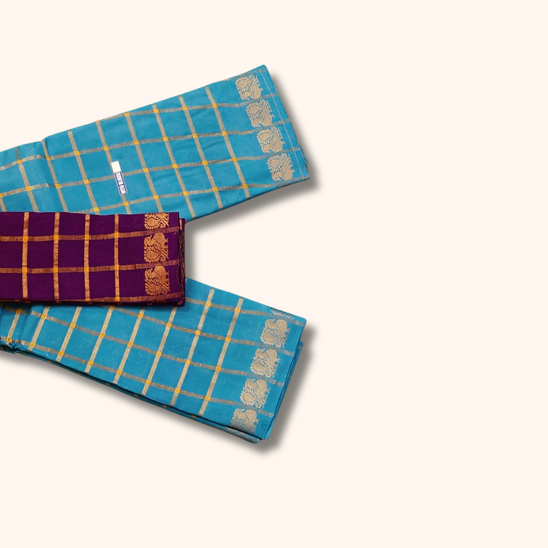 Sky Blue with Gold Checks & Peacock Border Pavithra Kattam Sungudi Cotton Saree