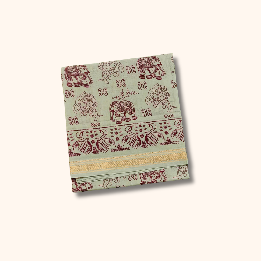 Sage Green Sungudi Cotton Saree with Elephant & Floral Motifs – Traditional Zari Border