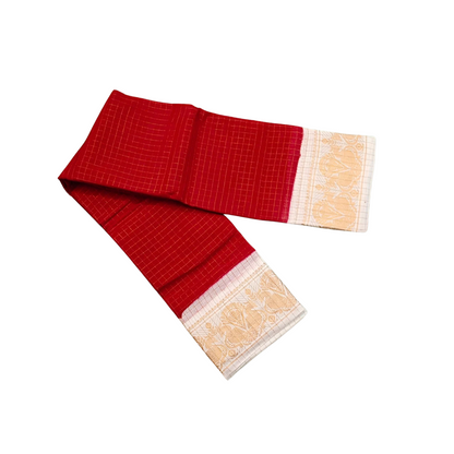 Red Sungudi Cotton Saree with Cream Gold Zari Border – Running Blouse