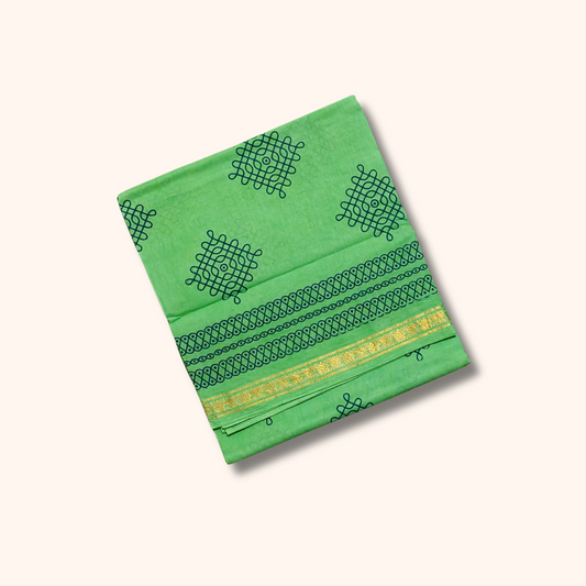 Parrot Green Sungudi Cotton Saree with Kolam Motifs
