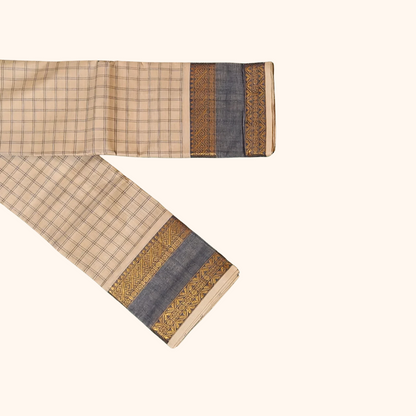 Cream Checked Chettinad Cotton Saree with Grey colour Border