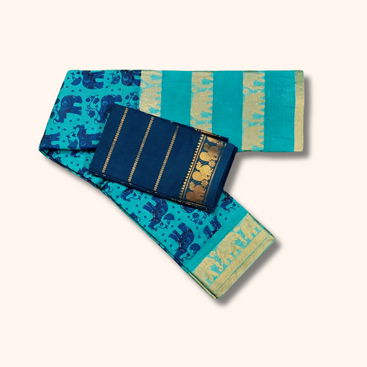 Turquoise Blue Printed Sungudi Cotton Saree with Gold Zari Elephant Border 120s Count