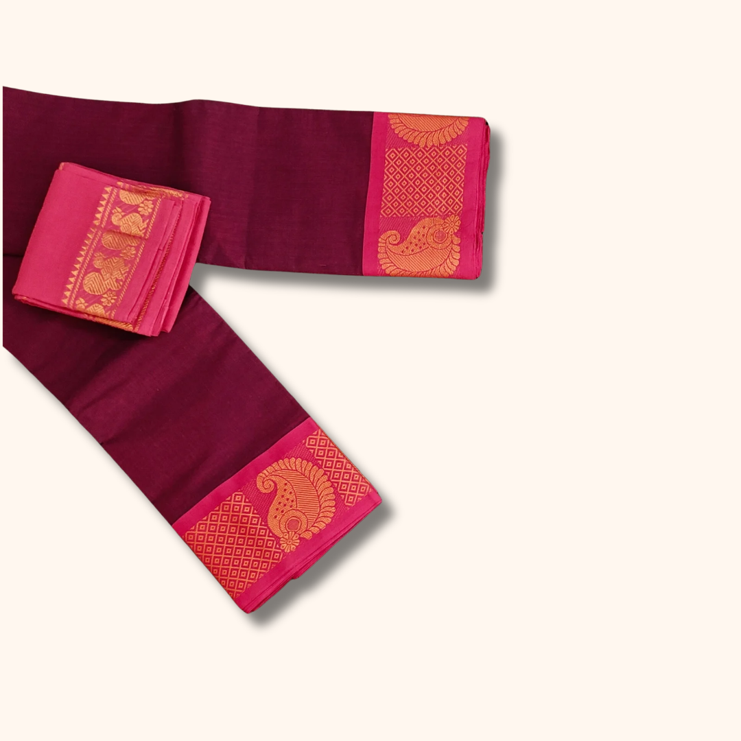 Maroon Chettinad Cotton Saree with Peacock Zari Border & Separate Blouse Piece