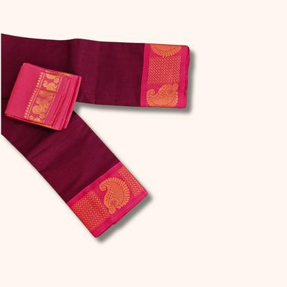 Maroon Chettinad Cotton Saree with Peacock Zari Border & Separate Blouse Piece