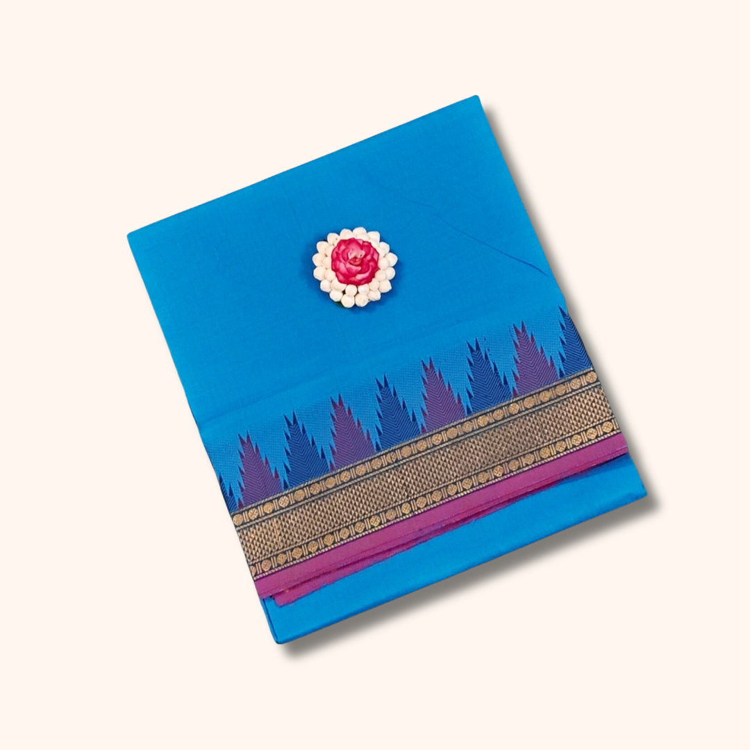 Bright Blue Chettinad Cotton Saree with Contrast Temple Border