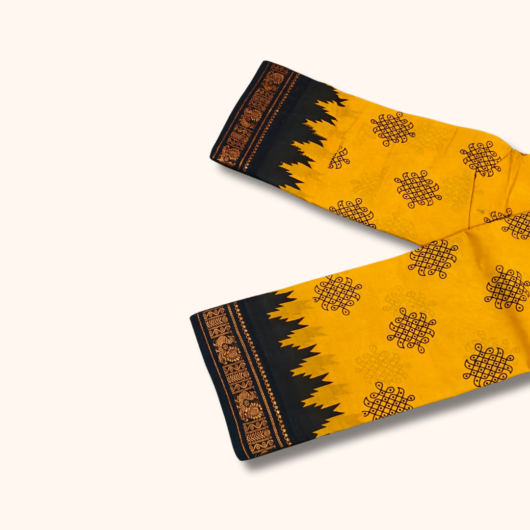 Mustard Yellow & Black Temple Border Kolam Sungudi Cotton Saree