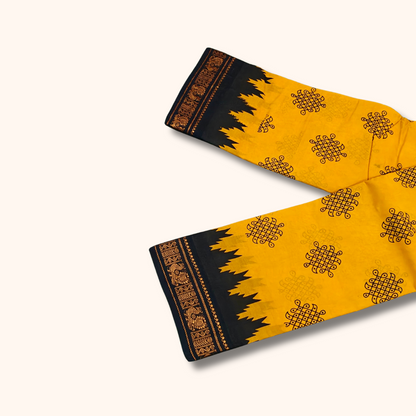 Mustard Yellow & Black Temple Border Kolam Sungudi Cotton Saree