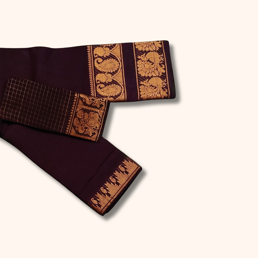Dark coffee brown Cotton Saree with Gold Zari Peacock Border & Matching Separate Blouse Piece