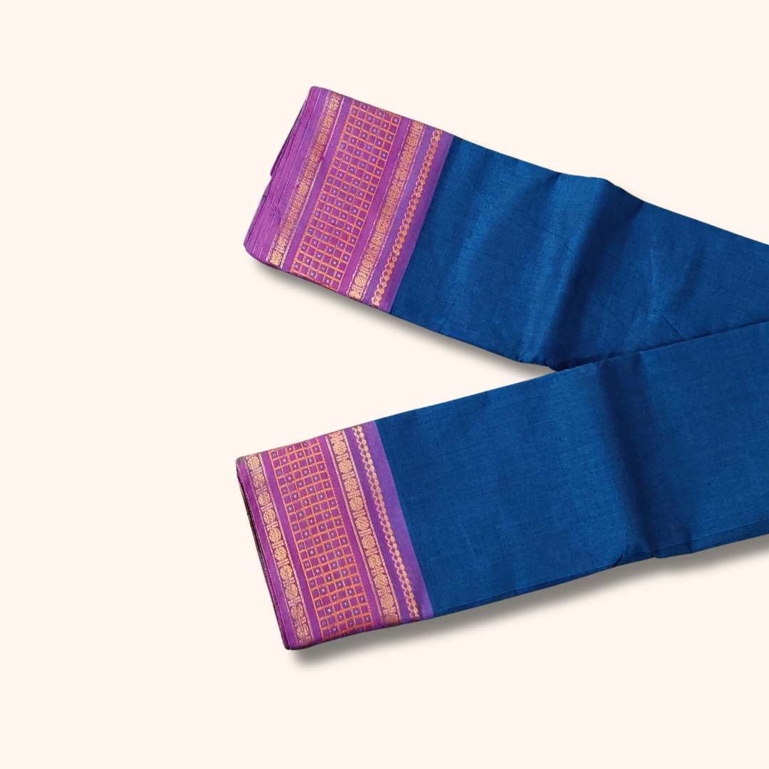 Royal Blue Chettinad Cotton Saree with Lavender Zari Border