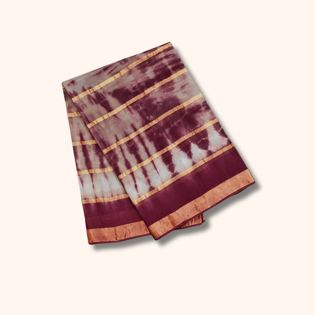 Wine & Grey Tie-Dye Cotton Saree with Gold Stripe Border – Separate Blouse