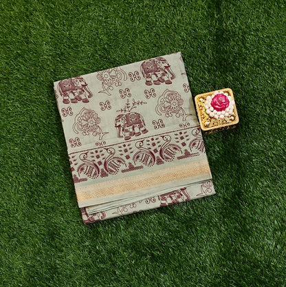 Sage Green Cotton Saree with Maroon Elephant & Floral Prints