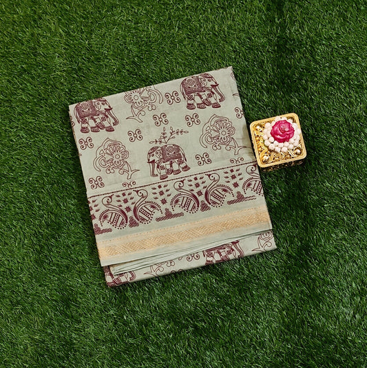 Sage Green Cotton Saree with Maroon Elephant & Floral Prints