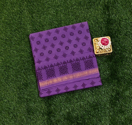 Attractive Purple Cotton Saree with Kolam Motifs & Elegant Border