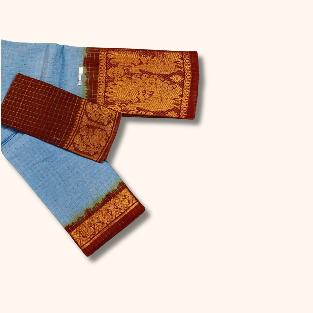 Light Blue & Maroon Pure Sungudi Cotton Saree with Traditional Zari Border