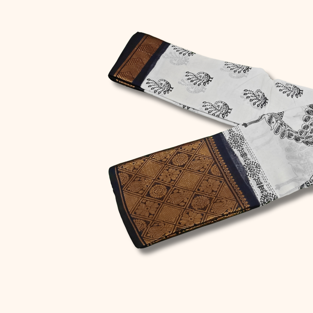 White Peacock Printed Cotton Saree with Designer Zari Border