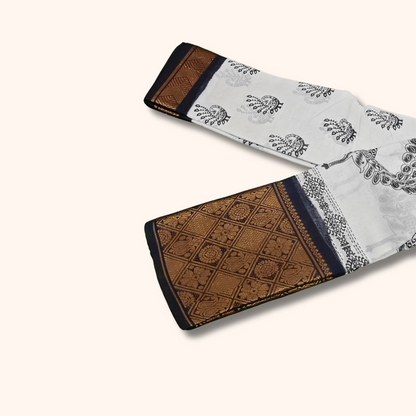 White Peacock Printed Cotton Saree with Designer Zari Border