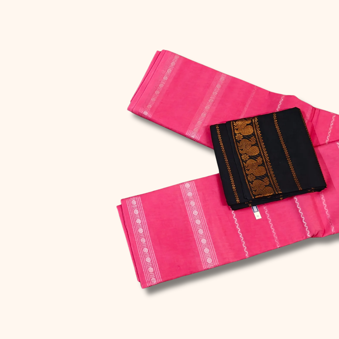 Candy Pink Sungudi Cotton Saree with Black Contrast Blouse