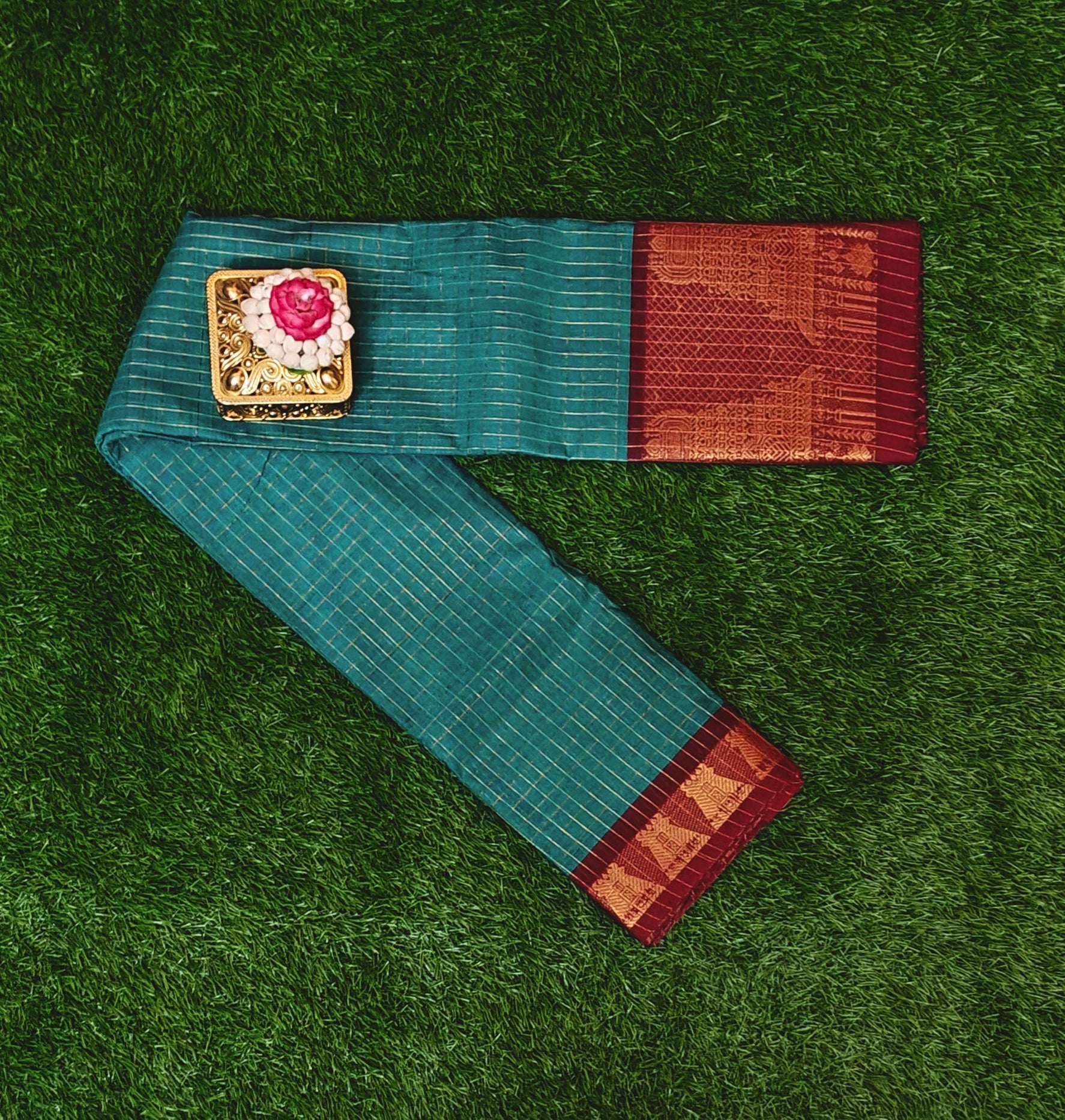 Teal Green Chettinad Cotton Saree with Meenakshi Gopuram Border