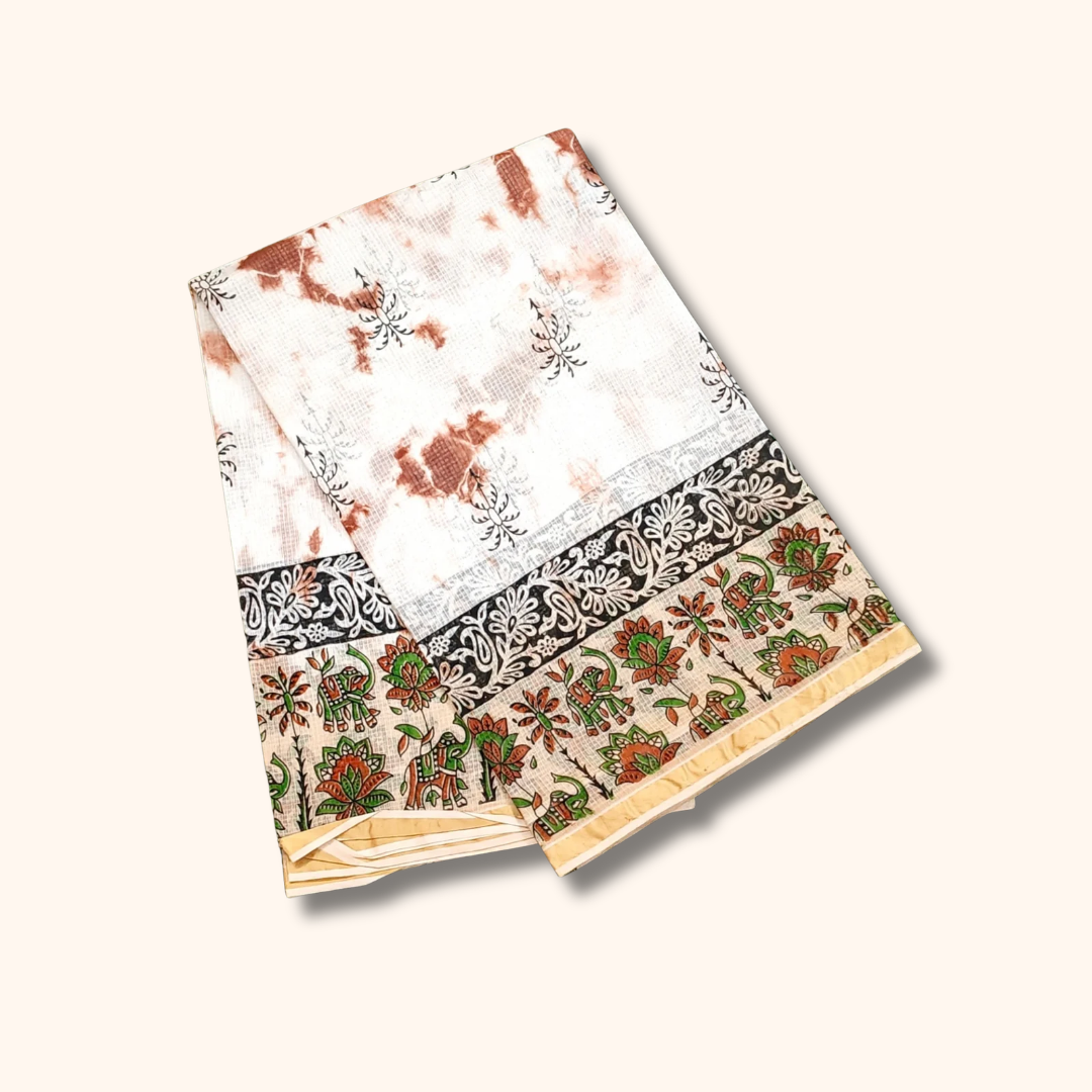 Cream & Brown Kalamkari Cotton Saree with Floral & Traditional Border – Separate Blouse