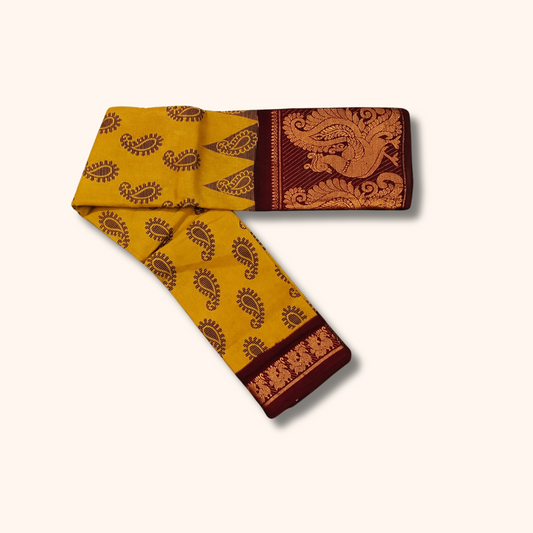 Mustard Paisley Print Cotton Saree with Maroon Peacock Border