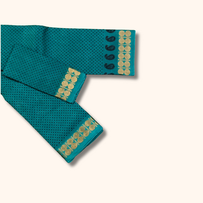 Turquoise Dot Print Cotton Saree with Gold Zari Border