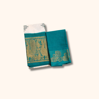 White Kolam Design Saree with Teal Border & Separate Blouse Piece