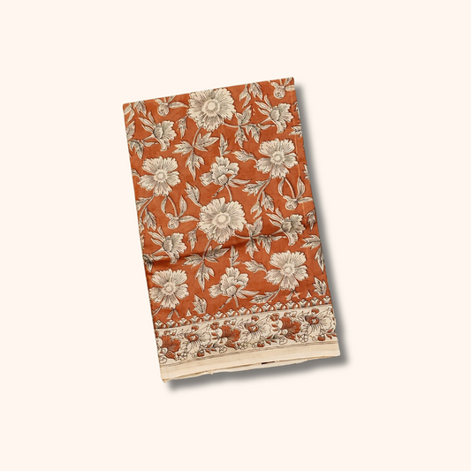 Rust Orange Kalamkari Cotton Saree with Floral Print