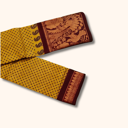 Mustard Yellow Sungudi Cotton Saree with Maroon Floral Gold Zari Border