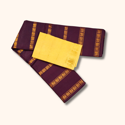 Wine Purple Cotton Saree with Gold Zari Border & Separate Blouse