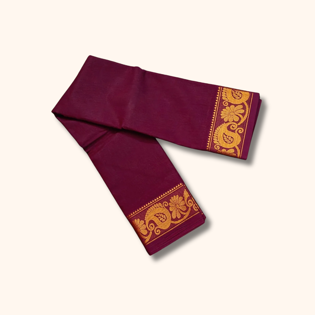 Wine Pure Cotton Saree with Traditional Paisley & Floral Border – Running Blouse