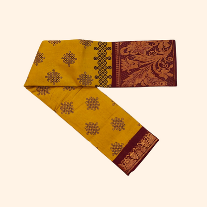 Mustard Yellow Kolam Cotton Saree with Maroon Floral Border