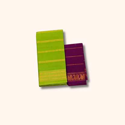 Parrot Green Sungudi Cotton Saree with Purple Blouse – Separate Blouse Piece