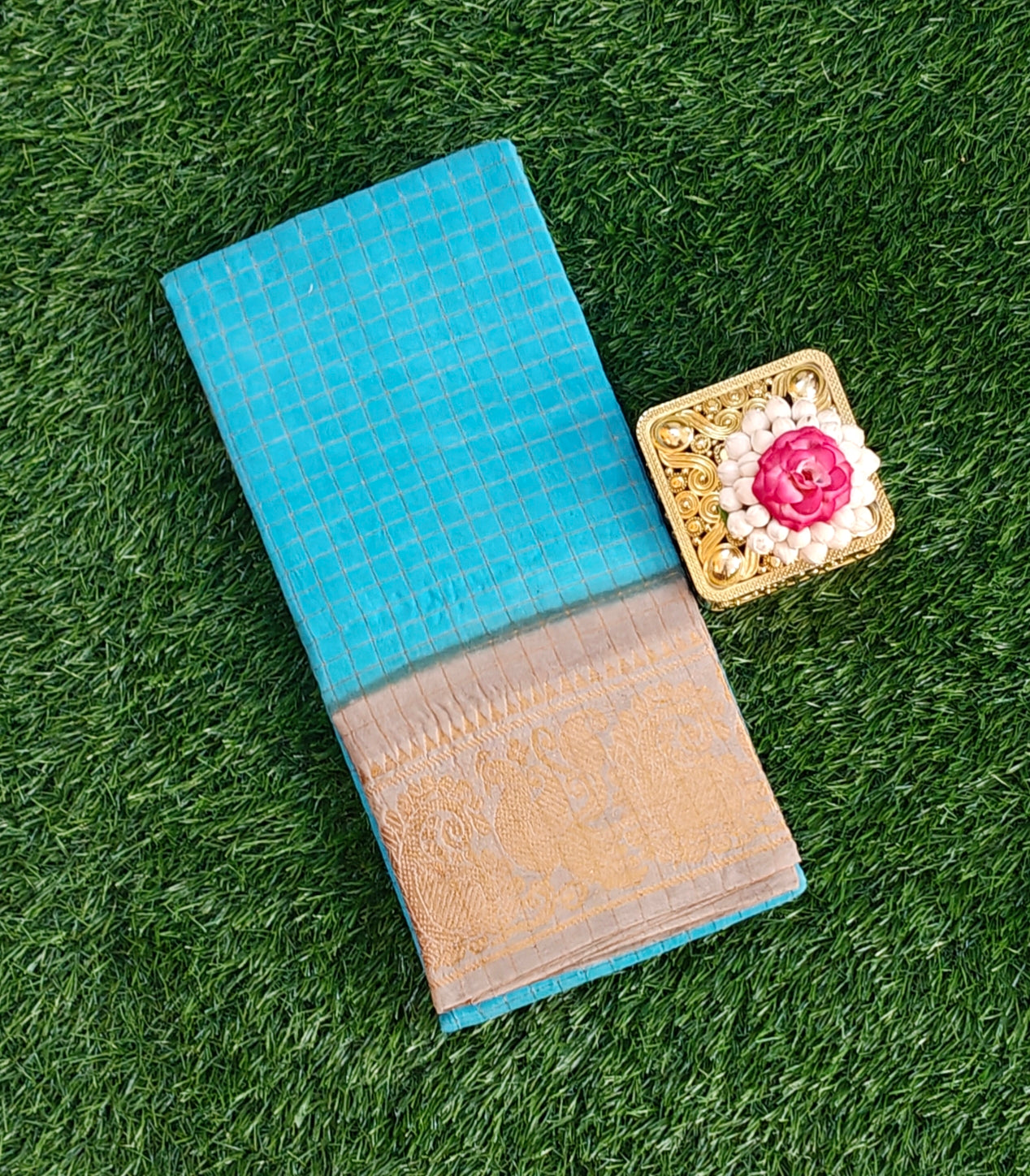 Authentic Pure Cotton Gold Checked Saree – Sky Blue with Elegant Zari Border