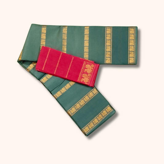 Sage Green Gold Zari Border Cotton Saree with Separate Blouse Piece