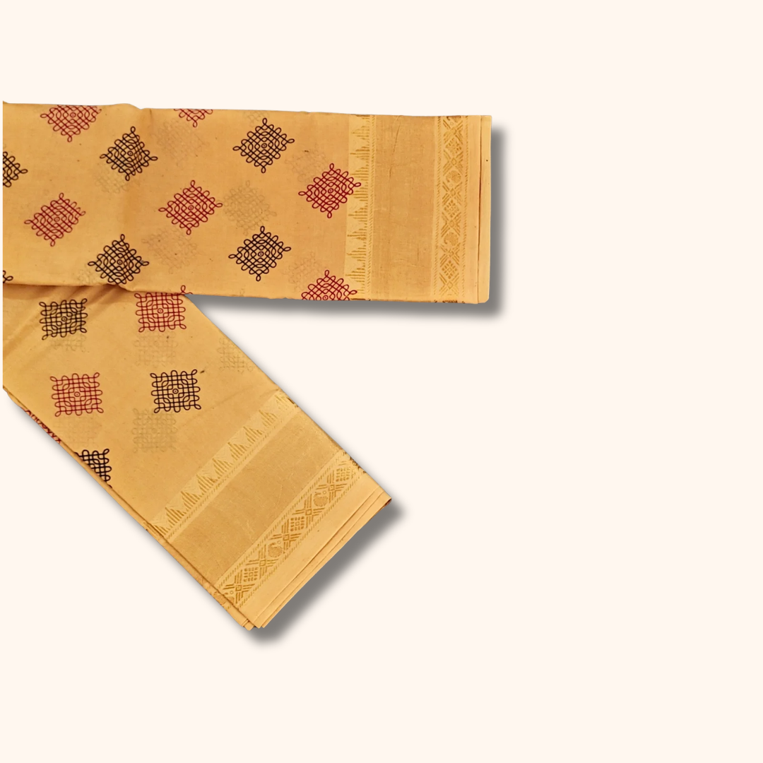 Mustard Yellow Sungudi Cotton Saree with Kolam Print & Self Zari Border