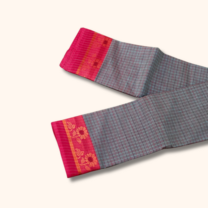 Teal green Checked Chettinad Cotton Saree with Floral Border