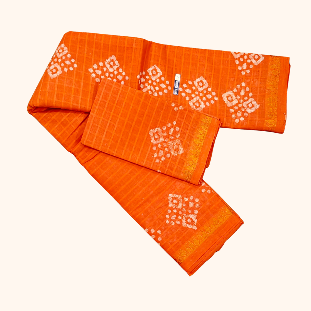 Bright Orange Sungudi Cotton Saree with Traditional White Batik Motifs & Matching Blouse Piece