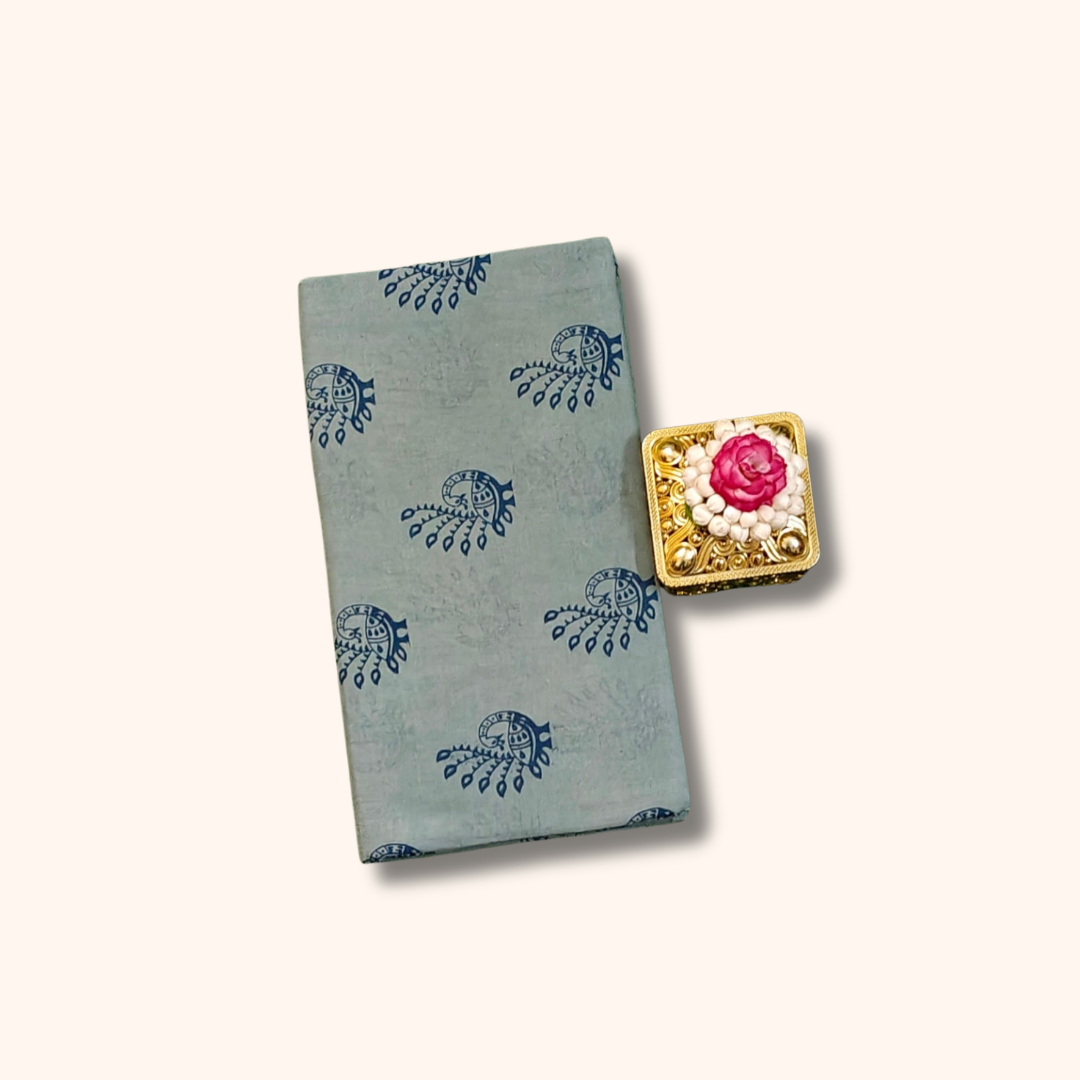 Authentic Grey Cotton Saree with Peacock Print Design
