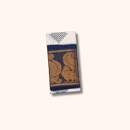 White Checked Kolam Design Sungudi Saree with Navy Blue Border – No Blouse