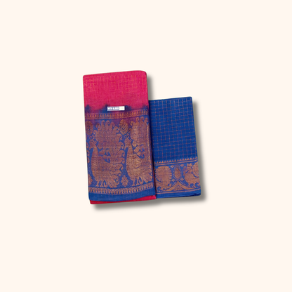 Pink & Royal Blue Checked Cotton Saree with Traditional Zari Border – Separate Blouse Piece