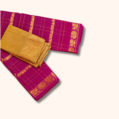 Magenta Pink Saree with Gold Zari Checks & Floral Border – Separate Blouse Piece