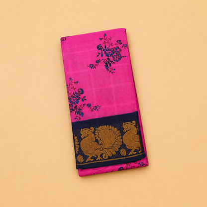 Pink Floral Printed Saree with Navy Blue Peacock Border