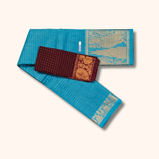 Sky Blue Thread Work Sungudi Cotton Saree with Maroon Peacock Zari Border