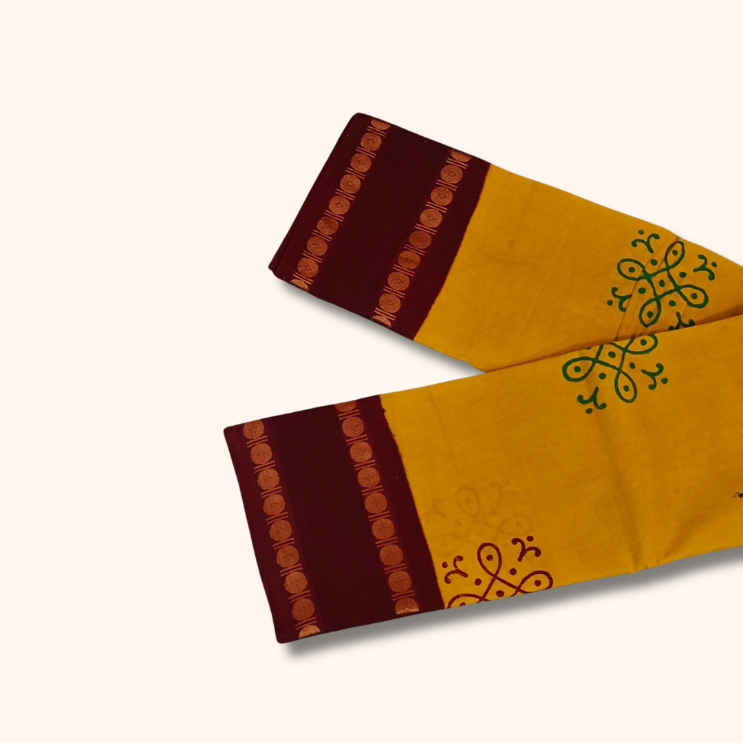Mustard Yellow Cotton Saree with Maroon Border – Running Blouse