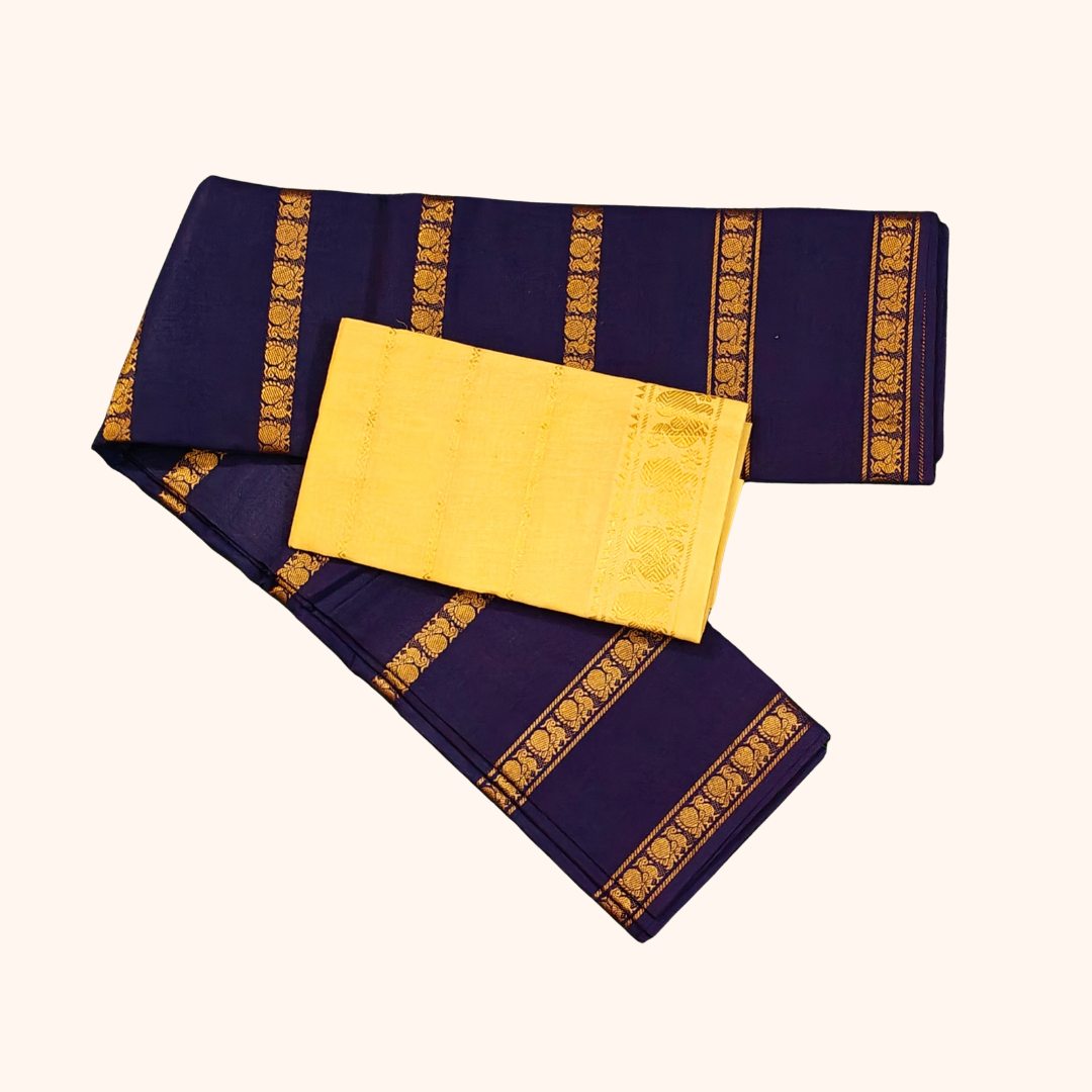 Royal Purple Cotton Saree with Gold Zari Border & Separate Blouse