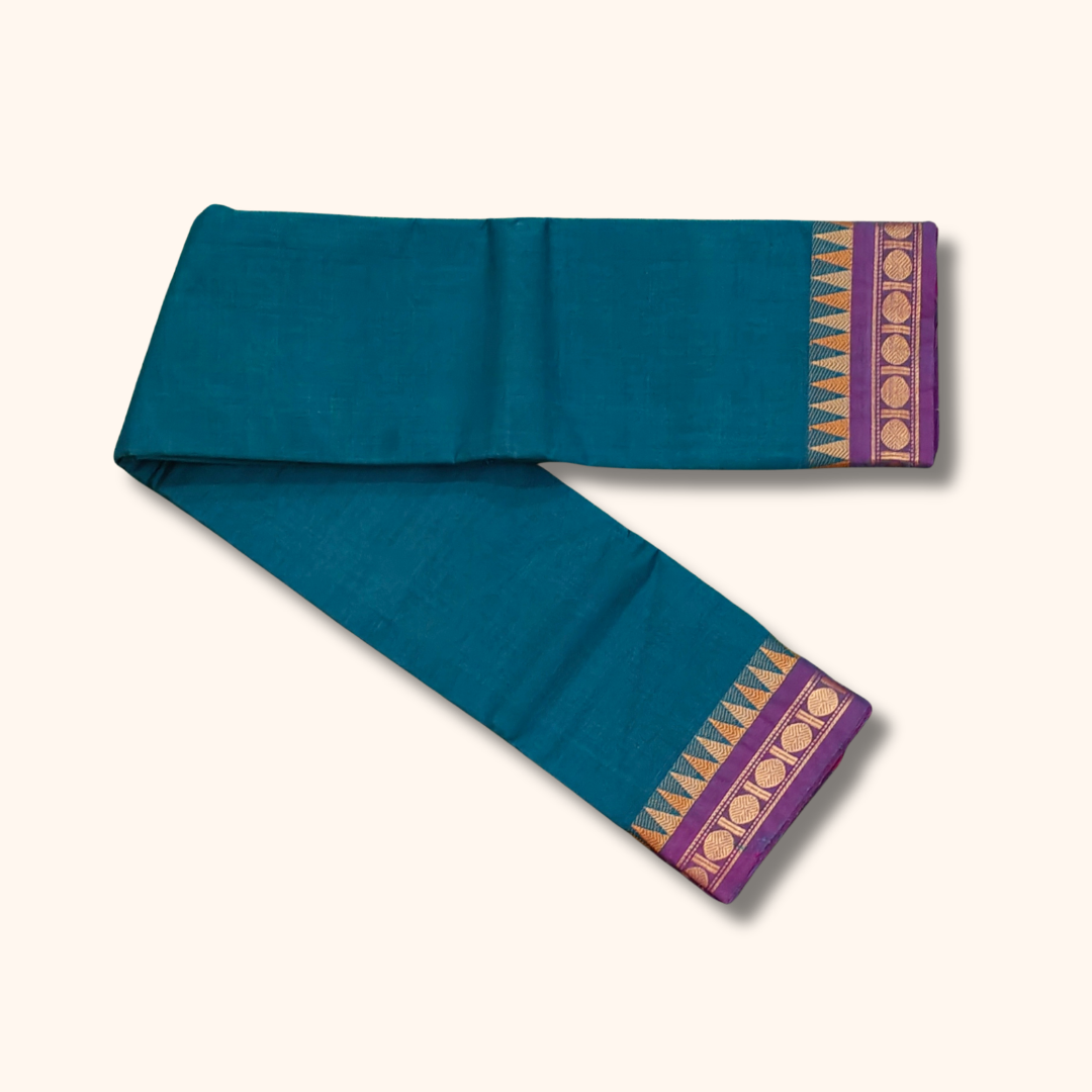 Peacock Blue Chettinad Cotton Saree with Violet Temple Border