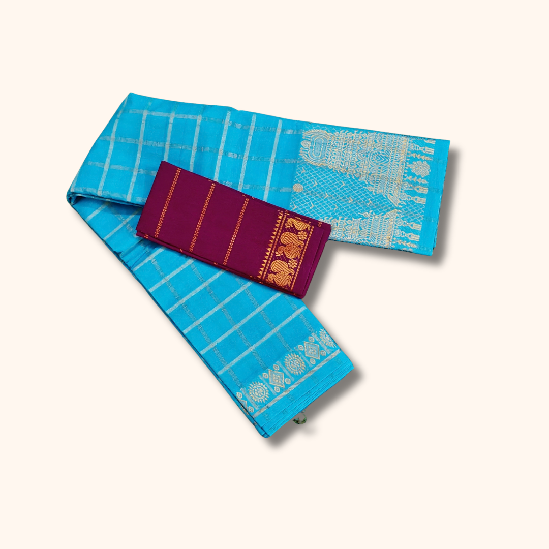 Turquoise Blue Checked Cotton Saree with Gold Zari & Purple Blouse